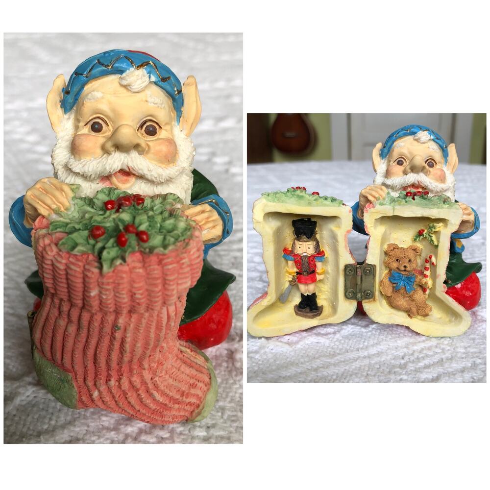 1994 Poly Stone Santa's Elf With Stocking Hinged Figurine 4" Gnome Bear Soldier